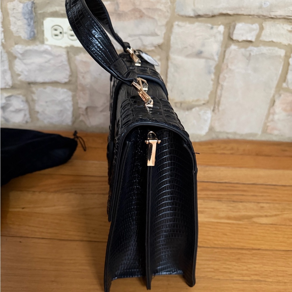 Black Croc-Embossed Structured Top-Handle Bag with Wallet - Picture 4 of 13
